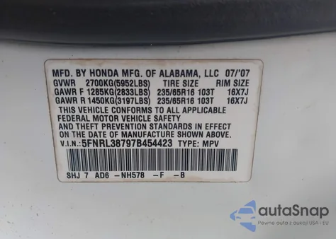 2007 Honda Odyssey Ex-L z USA, uszkodzony, nr VIN 5FNRL38797B454423